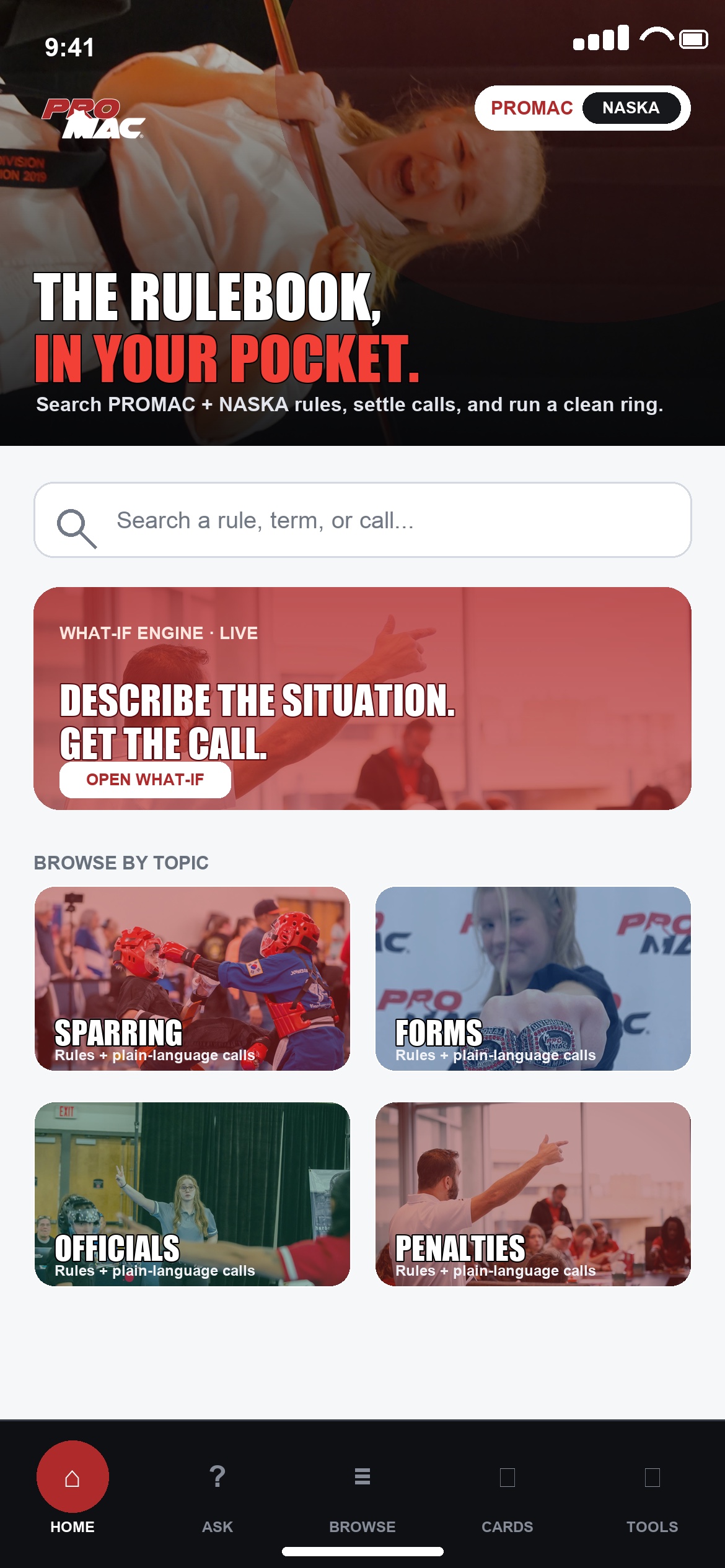 PROMAC Rules App showing rule search, What-If tool, and competition topics